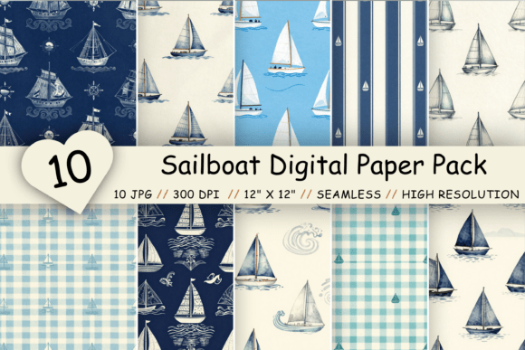 Download Sailboat Digital Paper Pack, Coastal - Digital Collection