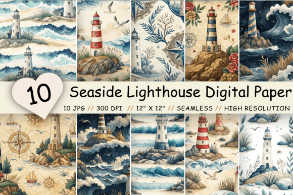 Download Seaside Lighthouse Digital Paper Pack - Digital Collection