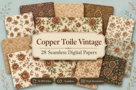 Download Copper Toile Digital Paper Pack, Vintage - Digital Collection