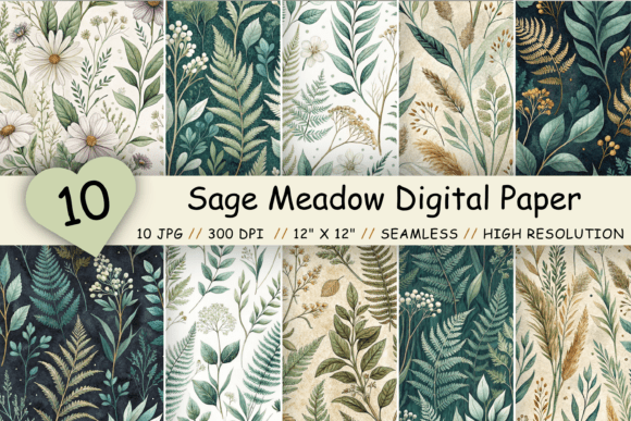 Download Sage Meadow Digital Paper Pack, Seamless - Digital Collection